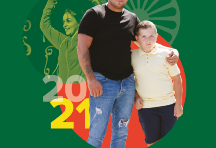 Front page of Annual Report feature a man and young boy, an actress faded in the background and the title of the Annual Report